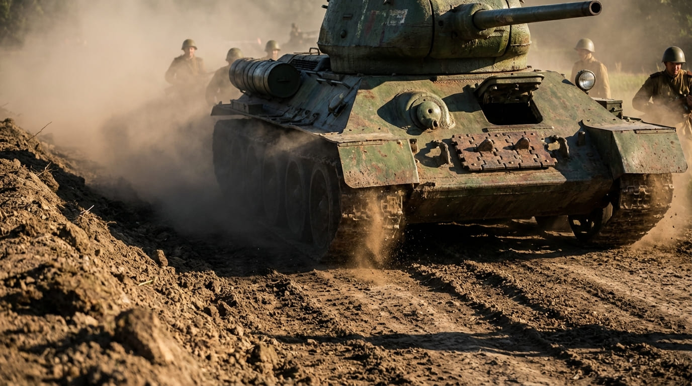 Крупный план танка Т-34 на грунтовой дороге