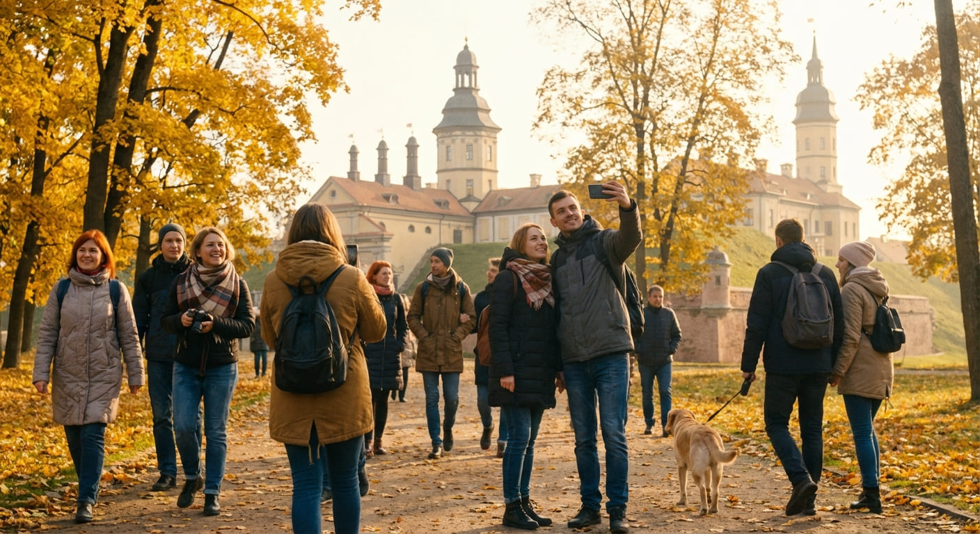 Туристы гуляют по парку Несвижского замка
